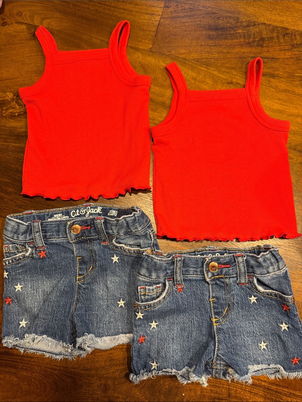 TWINS! Cat & Jack Red Ribbed Tank Tops for Kids and Denim Shorts - Set of 2